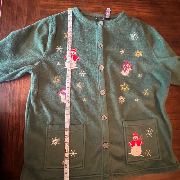 Bobbi Brooks Forest Green Snowman Christmas Fleece Cardigan, Size Large - Picture 10 of 11